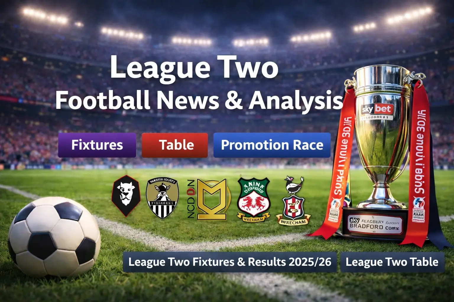 League Two football stadium scene highlighting fixtures, league table and promotion race coverage.
