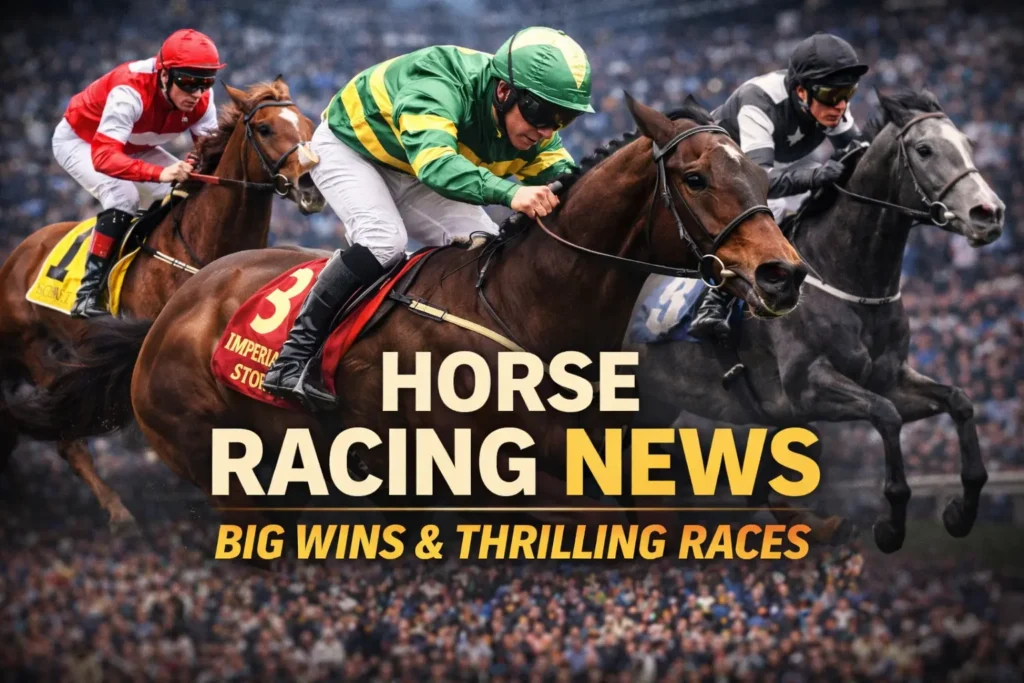 Exciting horse racing action featuring jockeys in full stride with bold text reading 'HORSE RACING NEWS' and 'BIG WINS & THRILLING RACES', showcasing the thrilling moments in the latest races.
