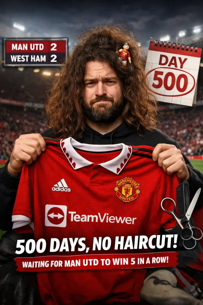 Manchester United fan ‘The United Strand’ holds a red Man Utd shirt in a stadium as graphics show a 2–2 West Ham draw and ‘Day 500’ of his no-haircut challenge.