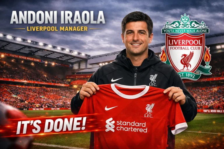 Andoni Iraola holding a Liverpool FC shirt at Anfield after being confirmed as the new Liverpool manager in 2026