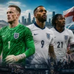 EFL England World Cup 2026 squad players including Jordan Pickford and Ivan Toney wearing Three Lions shirts with the EFL logo and Wembley Stadium in the background
