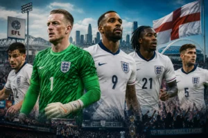 EFL England World Cup 2026 squad players including Jordan Pickford and Ivan Toney wearing Three Lions shirts with the EFL logo and Wembley Stadium in the background