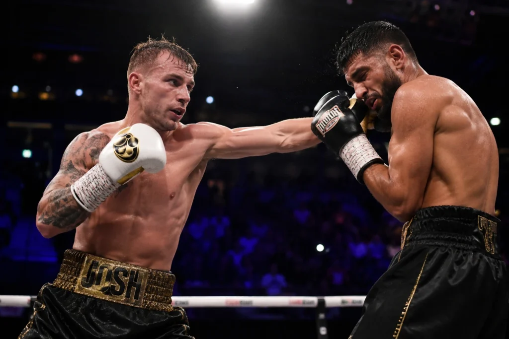Josh Padley landing a right hand on Aqib Fiaz during their EBU European super-featherweight title fight in Sheffield