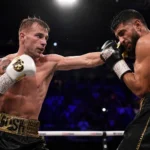 Josh Padley landing a right hand on Aqib Fiaz during their EBU European super-featherweight title fight in Sheffield