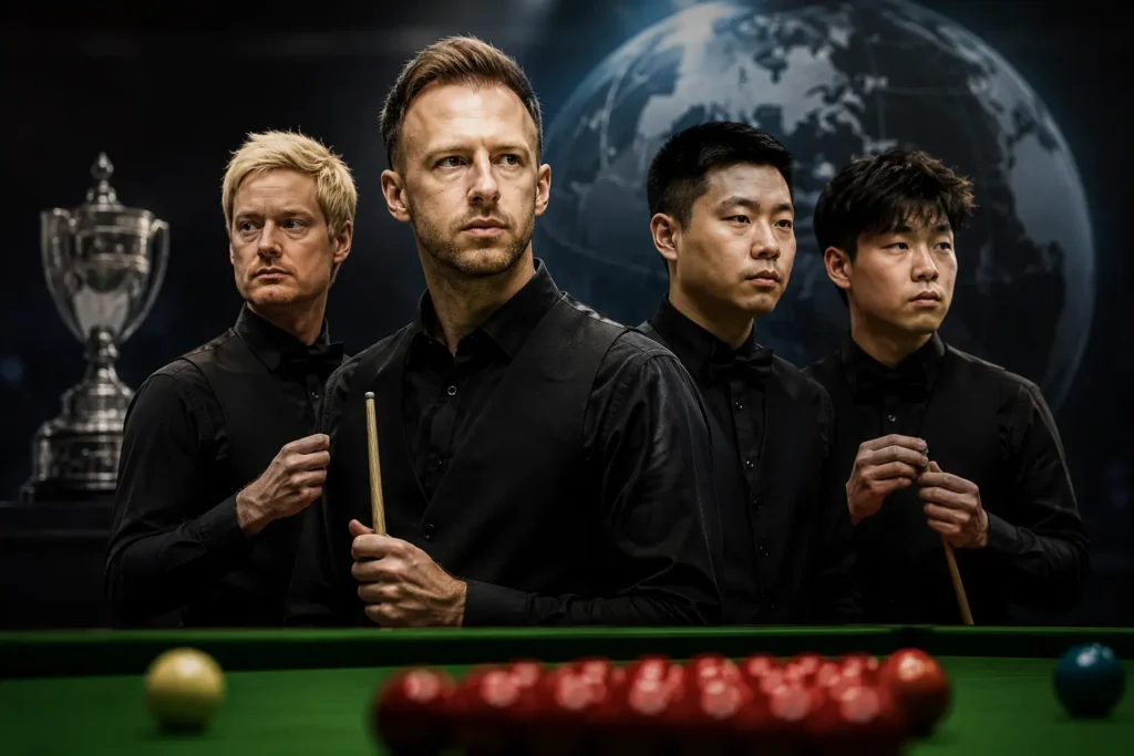 Judd Trump world ranking 2026 — Trump, Robertson, Zhao Xintong and Wu Yize pose with snooker cues ahead of the 2026/27 season rankings race