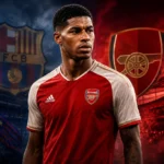 Marcus Rashford in an Arsenal shirt with Barcelona and Arsenal crests in the background