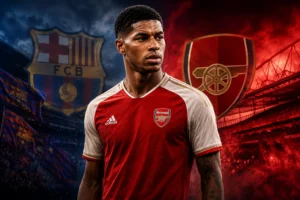 Marcus Rashford in an Arsenal shirt with Barcelona and Arsenal crests in the background