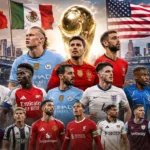 Promotional graphic for the 2026 FIFA World Cup showing a montage of football players in club and international kits, surrounding the golden World Cup trophy, with the flags of Canada, Mexico, and the USA in the background and MetLife Stadium visible on the skyline.