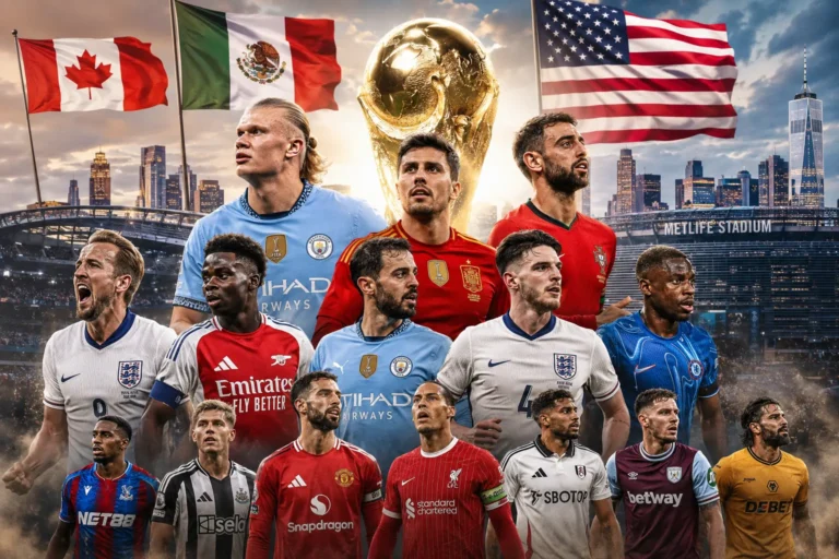 Promotional graphic for the 2026 FIFA World Cup showing a montage of football players in club and international kits, surrounding the golden World Cup trophy, with the flags of Canada, Mexico, and the USA in the background and MetLife Stadium visible on the skyline.