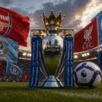 Premier League fixtures 2026 trophy on pitch surrounded by Arsenal, Manchester City, Liverpool, Chelsea, Coventry City and Manchester United club flags