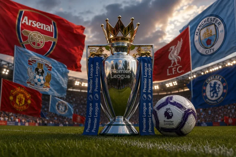 Premier League fixtures 2026 trophy on pitch surrounded by Arsenal, Manchester City, Liverpool, Chelsea, Coventry City and Manchester United club flags