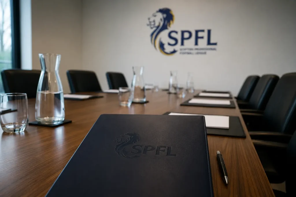 SPFL board 2026/27 meeting room with branded folder and logo on the wall