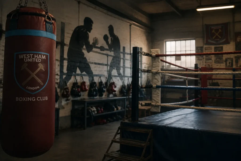 A moody, atmospheric interior of the West Ham United London Boxing Club, featuring a branded heavy punching bag in the foreground, a professional boxing ring with red and blue ropes, rows of hanging gloves along the back wall, and a dramatic silhouette mural of two fighters — highlighting the club's rich heritage and its growing appeal as a West Ham Boxing Club investment opportunity.