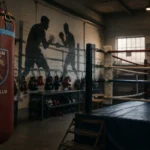 A moody, atmospheric interior of the West Ham United London Boxing Club, featuring a branded heavy punching bag in the foreground, a professional boxing ring with red and blue ropes, rows of hanging gloves along the back wall, and a dramatic silhouette mural of two fighters — highlighting the club's rich heritage and its growing appeal as a West Ham Boxing Club investment opportunity.