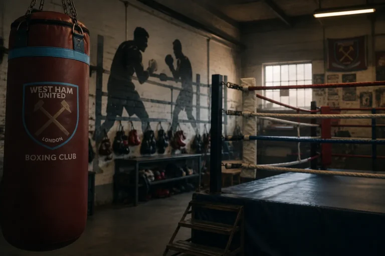 A moody, atmospheric interior of the West Ham United London Boxing Club, featuring a branded heavy punching bag in the foreground, a professional boxing ring with red and blue ropes, rows of hanging gloves along the back wall, and a dramatic silhouette mural of two fighters — highlighting the club's rich heritage and its growing appeal as a West Ham Boxing Club investment opportunity.