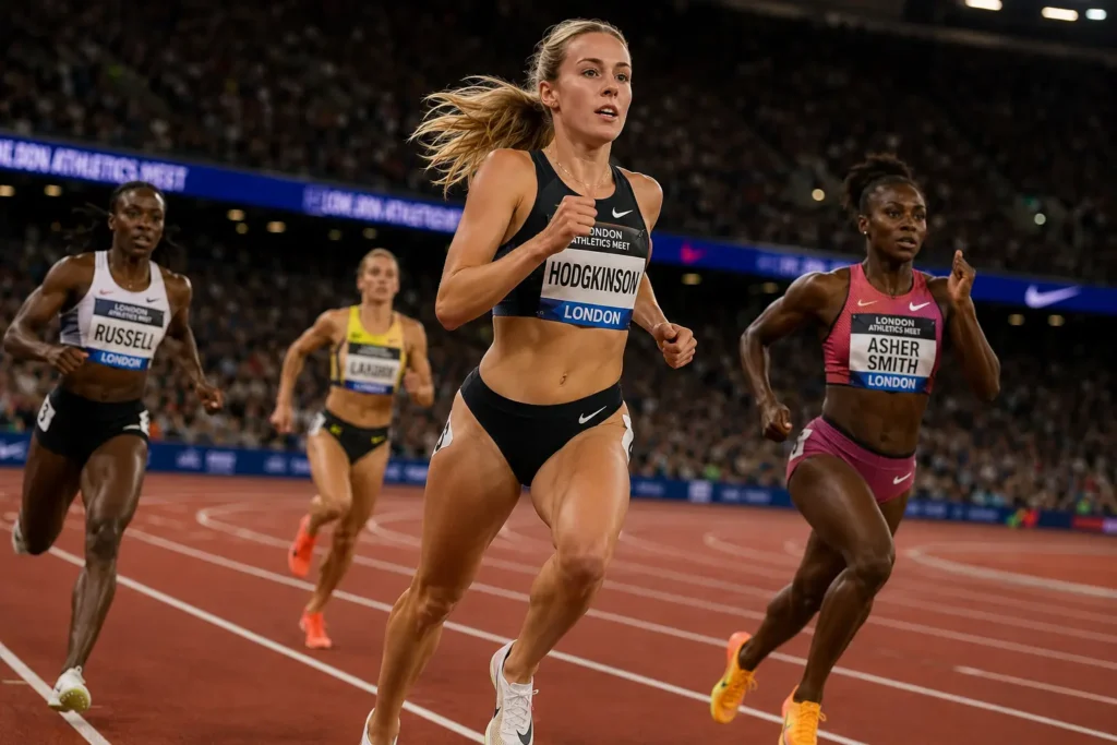 Keely Hodgkinson leading the field at the London Athletics Meet, with Dina Asher-Smith in pursuit