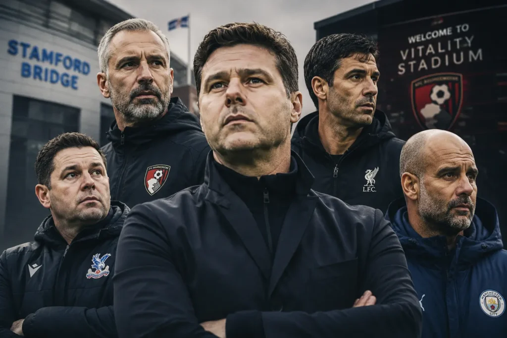 New Premier League managers 2026-27 including Crystal Palace, Bournemouth, Liverpool and Manchester City bosses pictured outside Stamford Bridge and the Vitality Stadium
