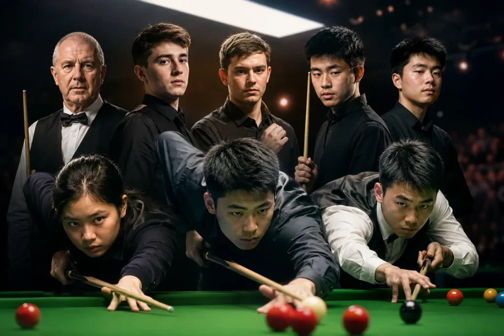 Nine snooker tour rookies 2026 posed around a snooker table, including an older player in a waistcoat and bow tie alongside a group of young male and female players holding cues under arena lighting.