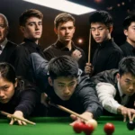Nine snooker tour rookies 2026 posed around a snooker table, including an older player in a waistcoat and bow tie alongside a group of young male and female players holding cues under arena lighting.