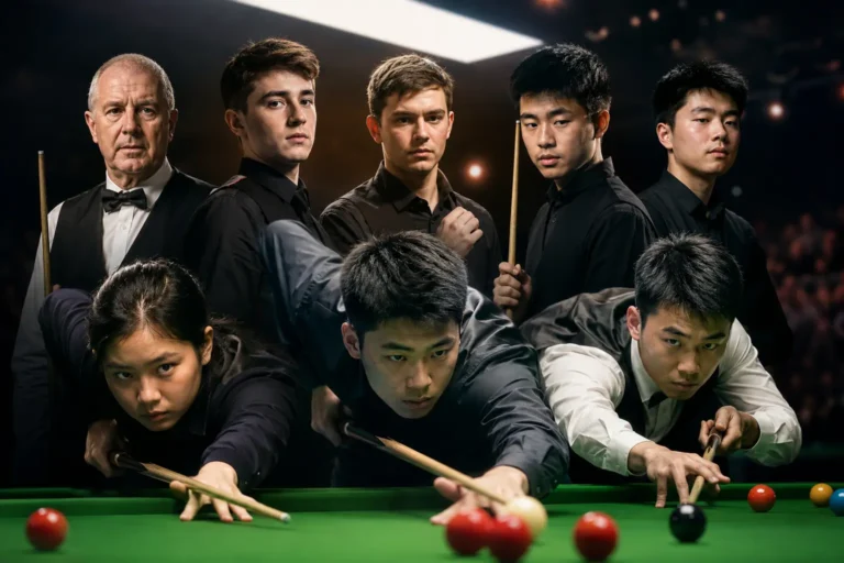 Nine snooker tour rookies 2026 posed around a snooker table, including an older player in a waistcoat and bow tie alongside a group of young male and female players holding cues under arena lighting.
