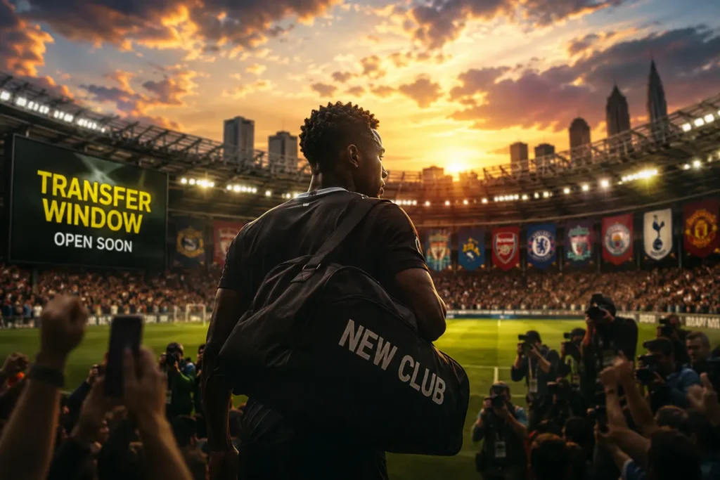 Football player carrying a new club bag inside a packed stadium with a transfer window open soon sign at sunset