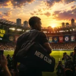 Football player carrying a new club bag inside a packed stadium with a transfer window open soon sign at sunset