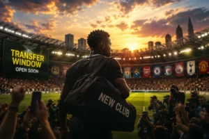 Football player carrying a new club bag inside a packed stadium with a transfer window open soon sign at sunset