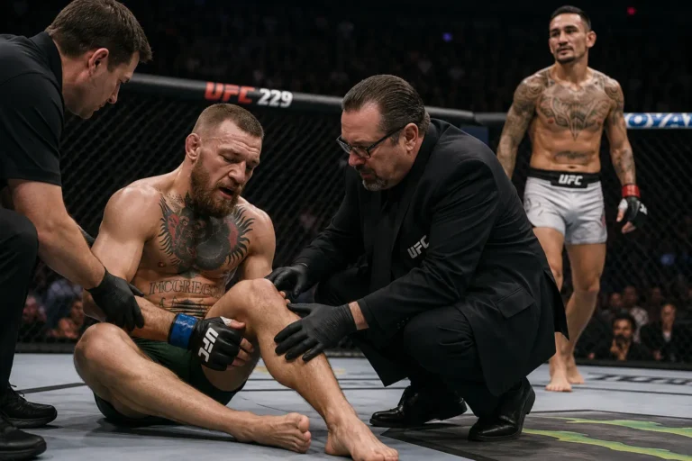 Conor McGregor knee injury assessed by cageside doctor as referee looks on and Max Holloway walks past in the background.