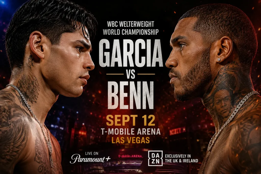 Garcia Benn trash talk ahead of Ryan Garcia vs Conor Benn WBC welterweight title fight poster for September 12 at T-Mobile Arena, Las Vegas