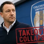 John Terry Colchester takeover concept image showing John Terry outside Colchester United's stadium with a serious expression after the proposed club takeover collapsed, symbolizing the failed ownership bid and uncertainty surrounding the League Two club's future.