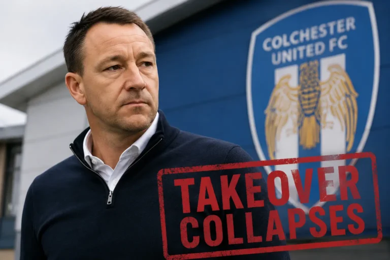 John Terry Colchester takeover concept image showing John Terry outside Colchester United's stadium with a serious expression after the proposed club takeover collapsed, symbolizing the failed ownership bid and uncertainty surrounding the League Two club's future.