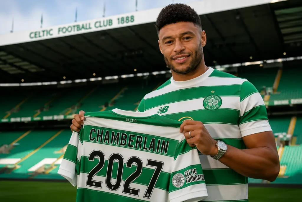 Oxlade-Chamberlain signs Celtic deal, holding a Celtic shirt with "Chamberlain 2027" at Celtic Park