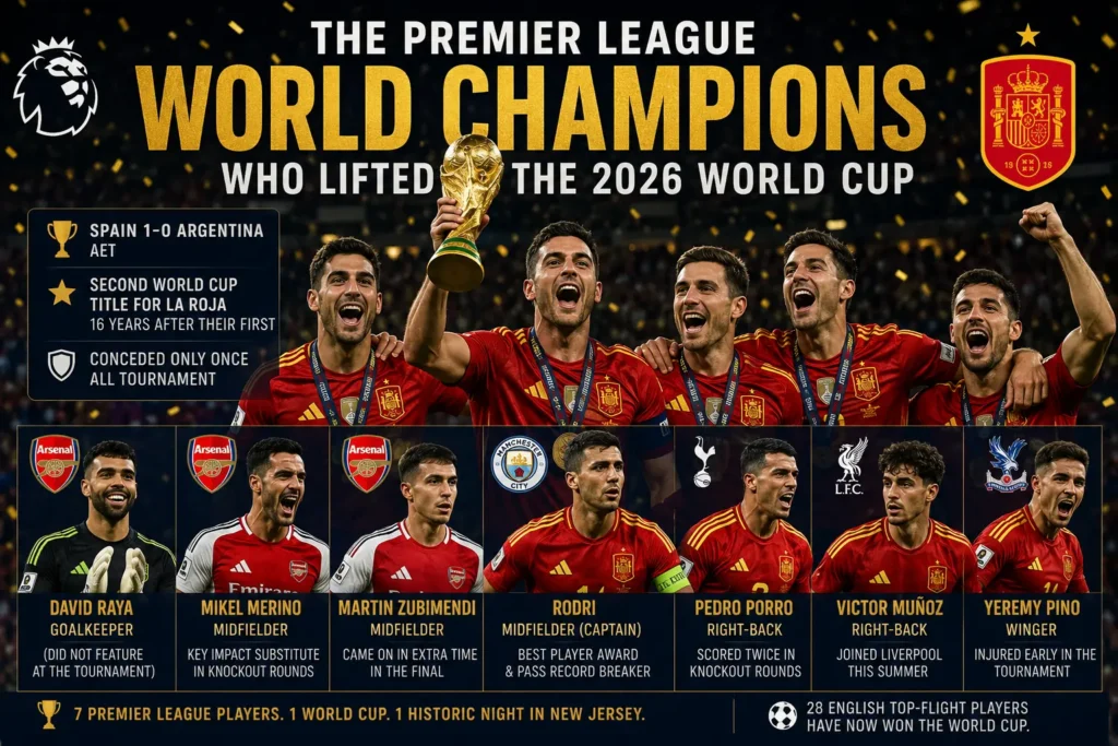Premier League World Champions infographic showing the seven Spain players from Arsenal, Manchester City, Tottenham, Liverpool and Crystal Palace who won the 2026 World Cup