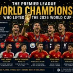 Premier League World Champions infographic showing the seven Spain players from Arsenal, Manchester City, Tottenham, Liverpool and Crystal Palace who won the 2026 World Cup