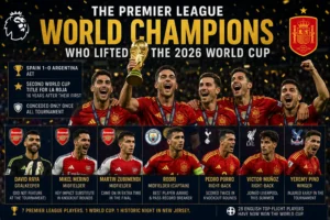 Premier League World Champions infographic showing the seven Spain players from Arsenal, Manchester City, Tottenham, Liverpool and Crystal Palace who won the 2026 World Cup