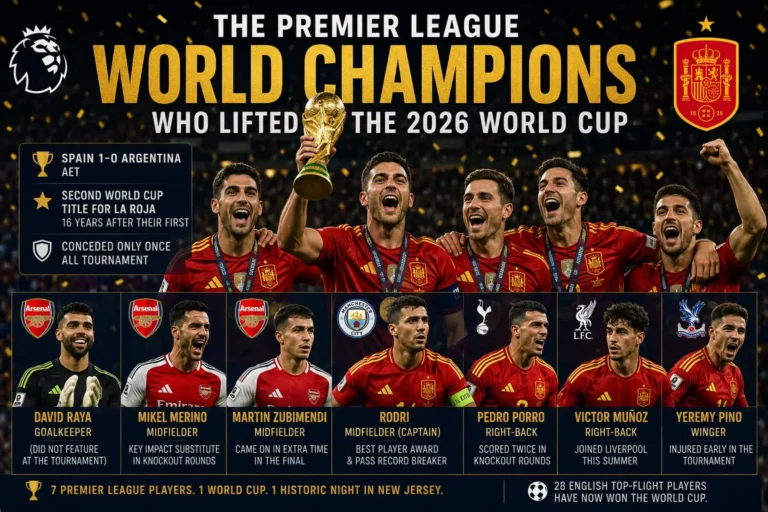Premier League World Champions infographic showing the seven Spain players from Arsenal, Manchester City, Tottenham, Liverpool and Crystal Palace who won the 2026 World Cup