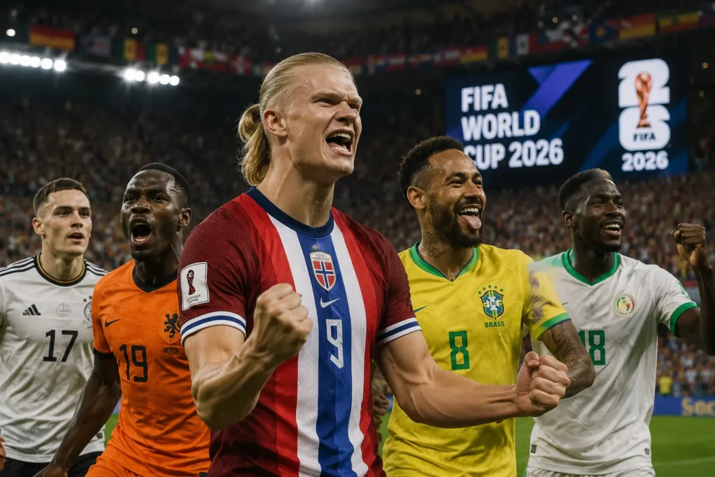 Premier League World Cup stars celebrating together on the pitch