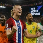 Premier League World Cup stars celebrating together on the pitch