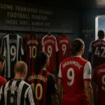 Alt text: Players in the shirts of clubs they almost joined — Ronaldo, Shearer, Ronaldinho, Ibrahimović, Touré and Haaland — walking past a wall of hanging jerseys in a tunnel illustrating the biggest Premier League transfers that almost happened