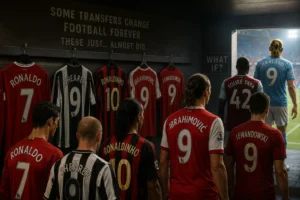 Alt text: Players in the shirts of clubs they almost joined — Ronaldo, Shearer, Ronaldinho, Ibrahimović, Touré and Haaland — walking past a wall of hanging jerseys in a tunnel illustrating the biggest Premier League transfers that almost happened