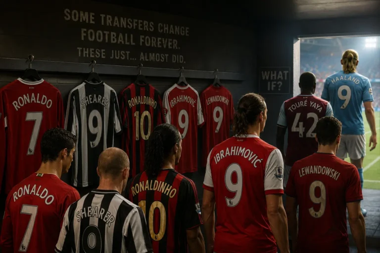 Alt text: Players in the shirts of clubs they almost joined — Ronaldo, Shearer, Ronaldinho, Ibrahimović, Touré and Haaland — walking past a wall of hanging jerseys in a tunnel illustrating the biggest Premier League transfers that almost happened
